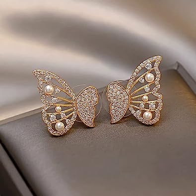 Pearl Zirconia Double Sided Butterfly Stud Earrings