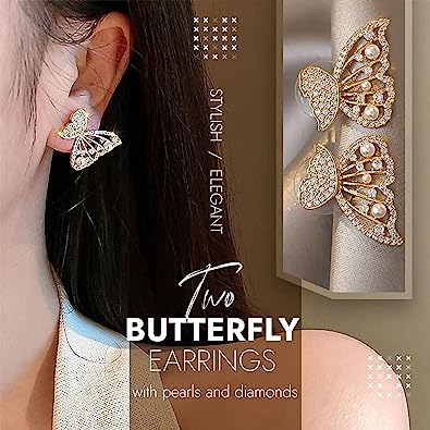 Pearl Zirconia Double Sided Butterfly Stud Earrings